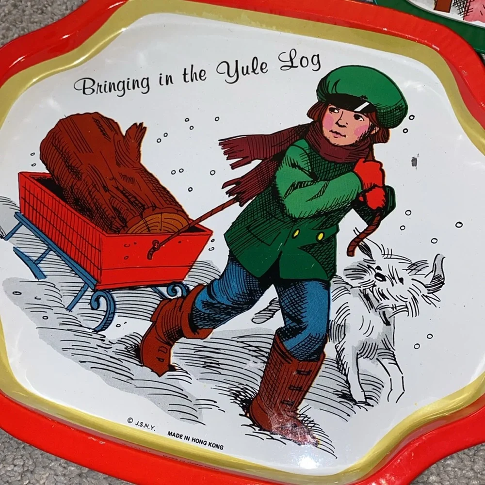 Vintage JSNY Christmas Metal Cookie Snack Tray Set ‎ Hong Kong Made (3)